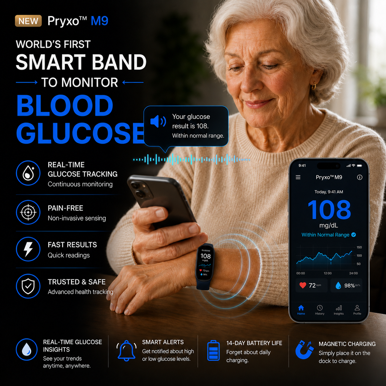 🔥80% OFF Launch Offer 🏆 2026 Pryxo™ M9 Non-Invasive Smart Band 📈12 health reports - No-Prick